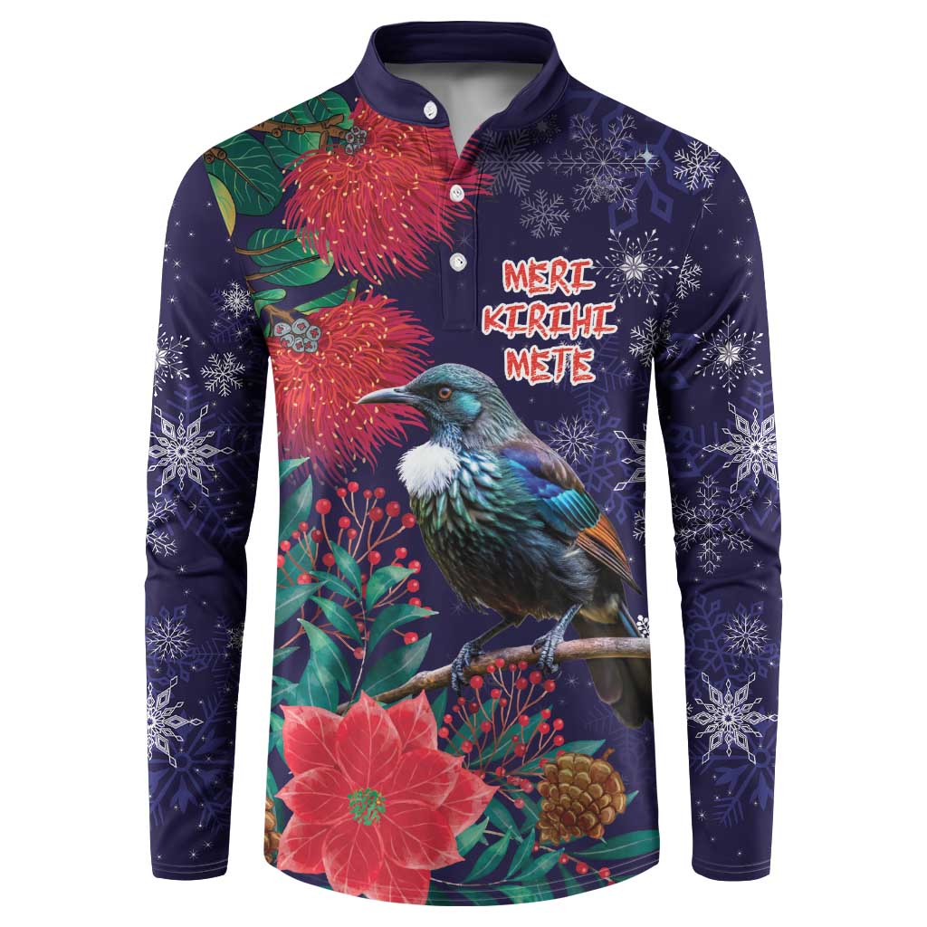 Tui Meri Kirihimete Personalised Button Sweatshirt Pohutukawa Flowers Blue Motif - Polynesian Pride