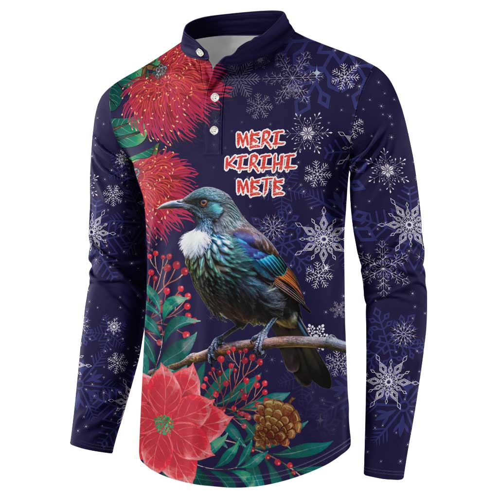 Tui Meri Kirihimete Personalised Button Sweatshirt Pohutukawa Flowers Blue Motif - Polynesian Pride