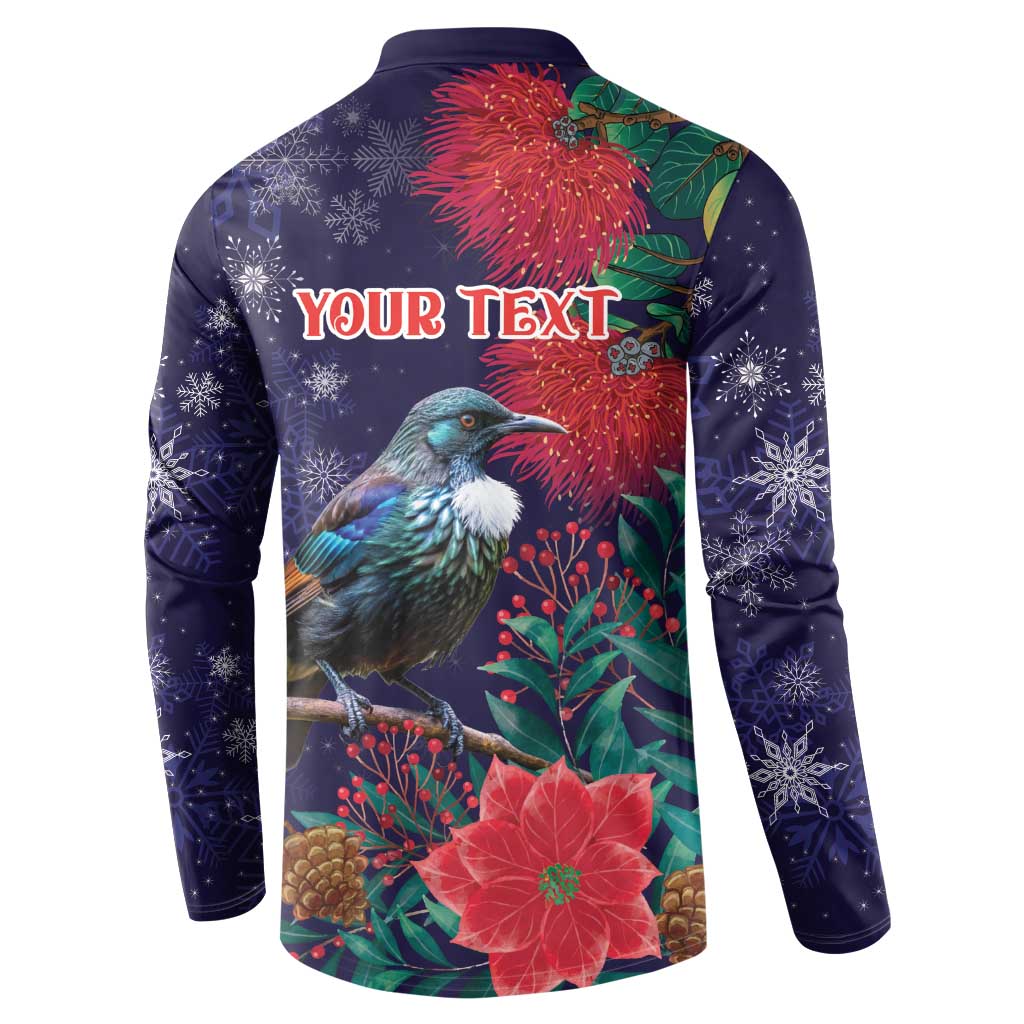 Tui Meri Kirihimete Personalised Button Sweatshirt Pohutukawa Flowers Blue Motif - Polynesian Pride