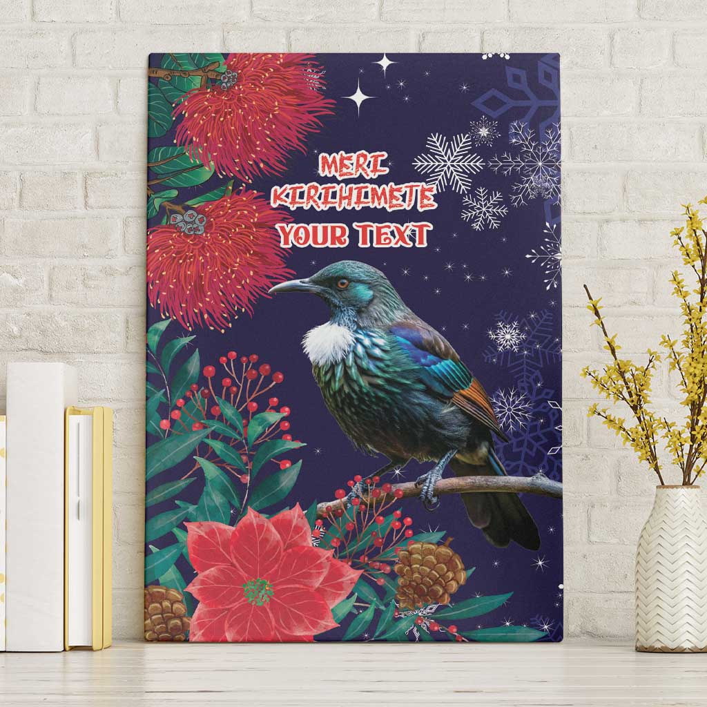 Tui Meri Kirihimete Personalised Canvas Wall Art Pohutukawa Flowers Blue Motif - Polynesian Pride