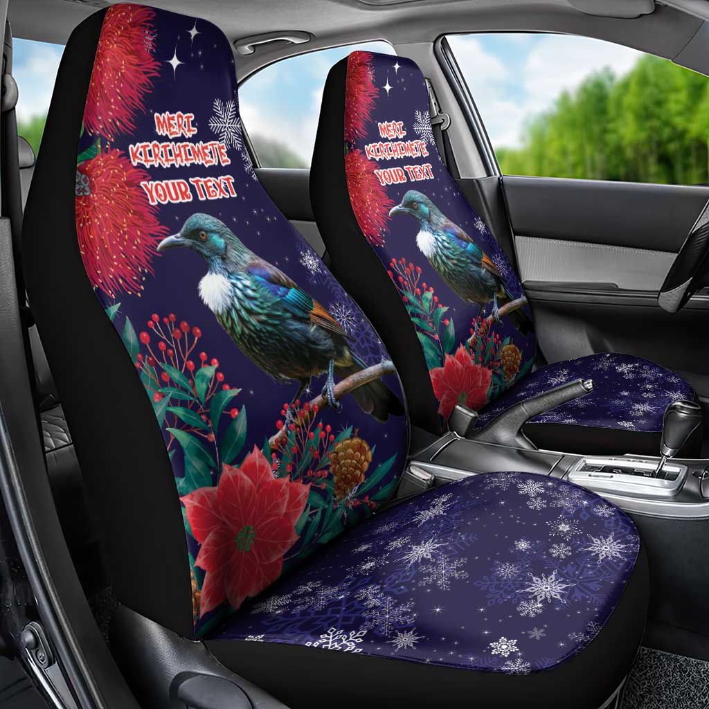Tui Meri Kirihimete Personalised Car Seat Cover Pohutukawa Flowers Blue Motif - Polynesian Pride