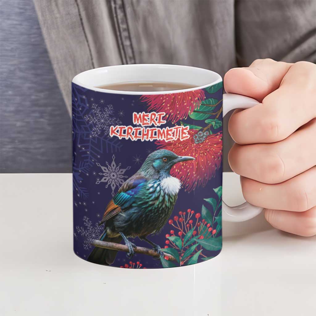 Tui Meri Kirihimete Personalised Ceramic Mug Pohutukawa Flowers Blue Motif - Polynesian Pride