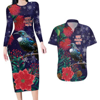 Tui Meri Kirihimete Personalised Couples Matching Long Sleeve Bodycon Dress and Hawaiian Shirt Pohutukawa Flowers Blue Motif - Polynesian Pride