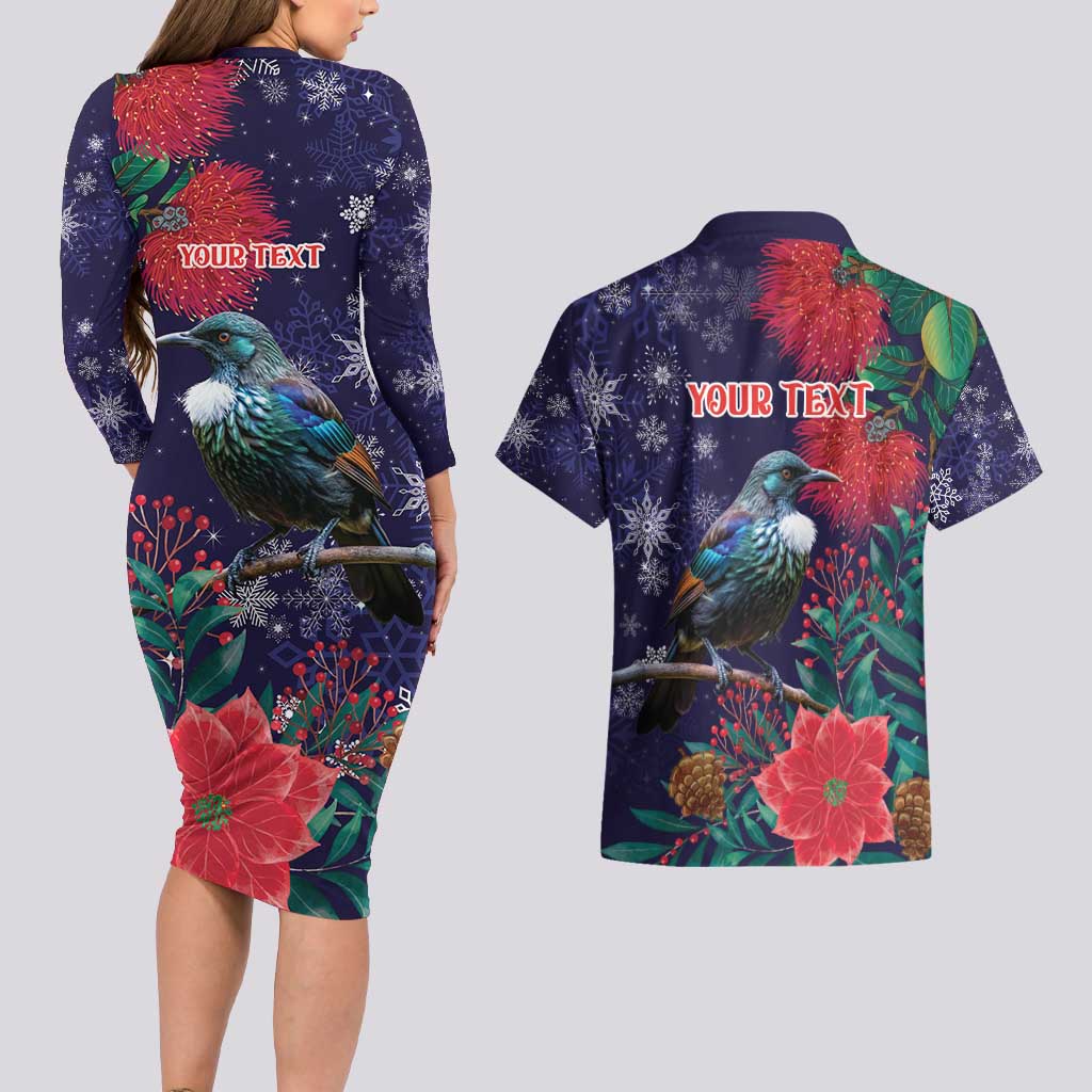 Tui Meri Kirihimete Personalised Couples Matching Long Sleeve Bodycon Dress and Hawaiian Shirt Pohutukawa Flowers Blue Motif - Polynesian Pride