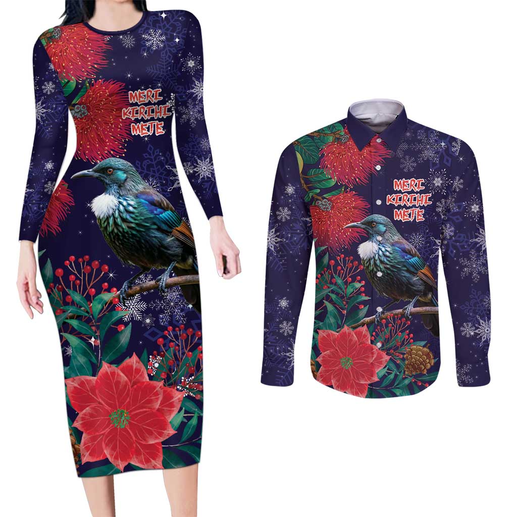 Tui Meri Kirihimete Personalised Couples Matching Long Sleeve Bodycon Dress and Long Sleeve Button Shirt Pohutukawa Flowers Blue Motif - Polynesian Pride