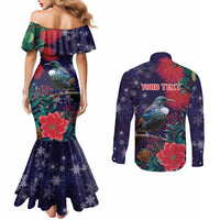 Tui Meri Kirihimete Personalised Couples Matching Mermaid Dress and Long Sleeve Button Shirt Pohutukawa Flowers Blue Motif - Polynesian Pride