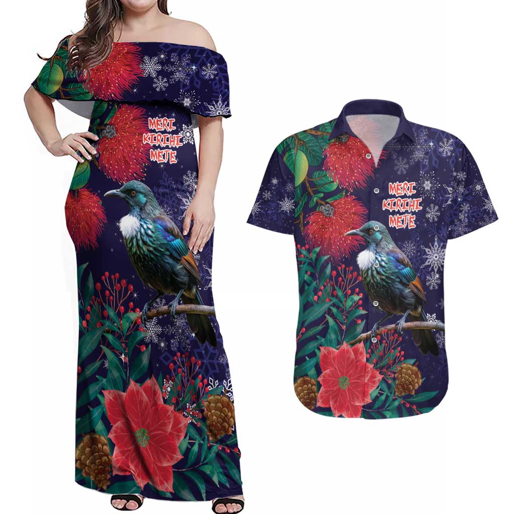 Tui Meri Kirihimete Personalised Couples Matching Off Shoulder Maxi Dress and Hawaiian Shirt Pohutukawa Flowers Blue Motif - Polynesian Pride