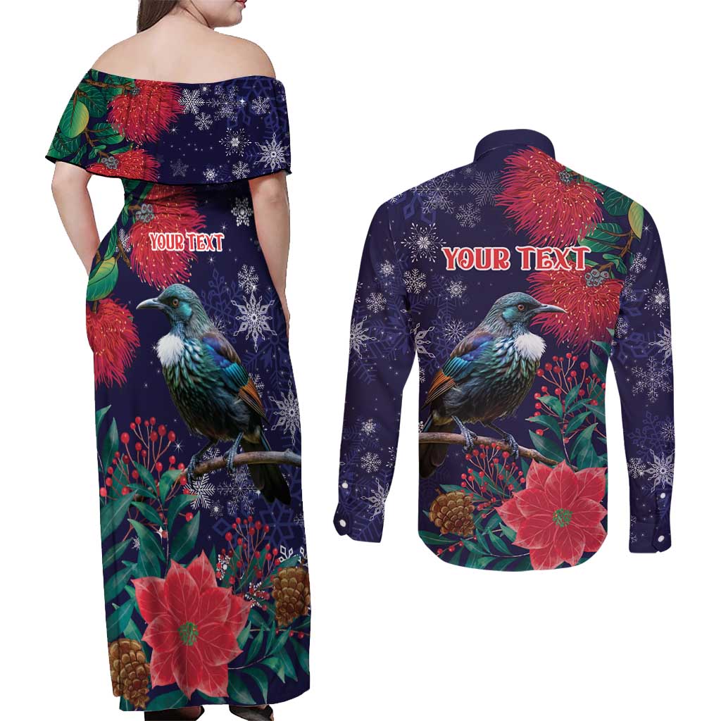 Tui Meri Kirihimete Personalised Couples Matching Off Shoulder Maxi Dress and Long Sleeve Button Shirt Pohutukawa Flowers Blue Motif - Polynesian Pride