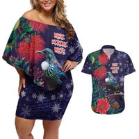 Tui Meri Kirihimete Personalised Couples Matching Off Shoulder Short Dress and Hawaiian Shirt Pohutukawa Flowers Blue Motif - Polynesian Pride