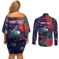 Tui Meri Kirihimete Personalised Couples Matching Off Shoulder Short Dress and Long Sleeve Button Shirt Pohutukawa Flowers Blue Motif - Polynesian Pride