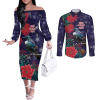 Tui Meri Kirihimete Personalised Couples Matching Off The Shoulder Long Sleeve Dress and Long Sleeve Button Shirt Pohutukawa Flowers Blue Motif - Polynesian Pride