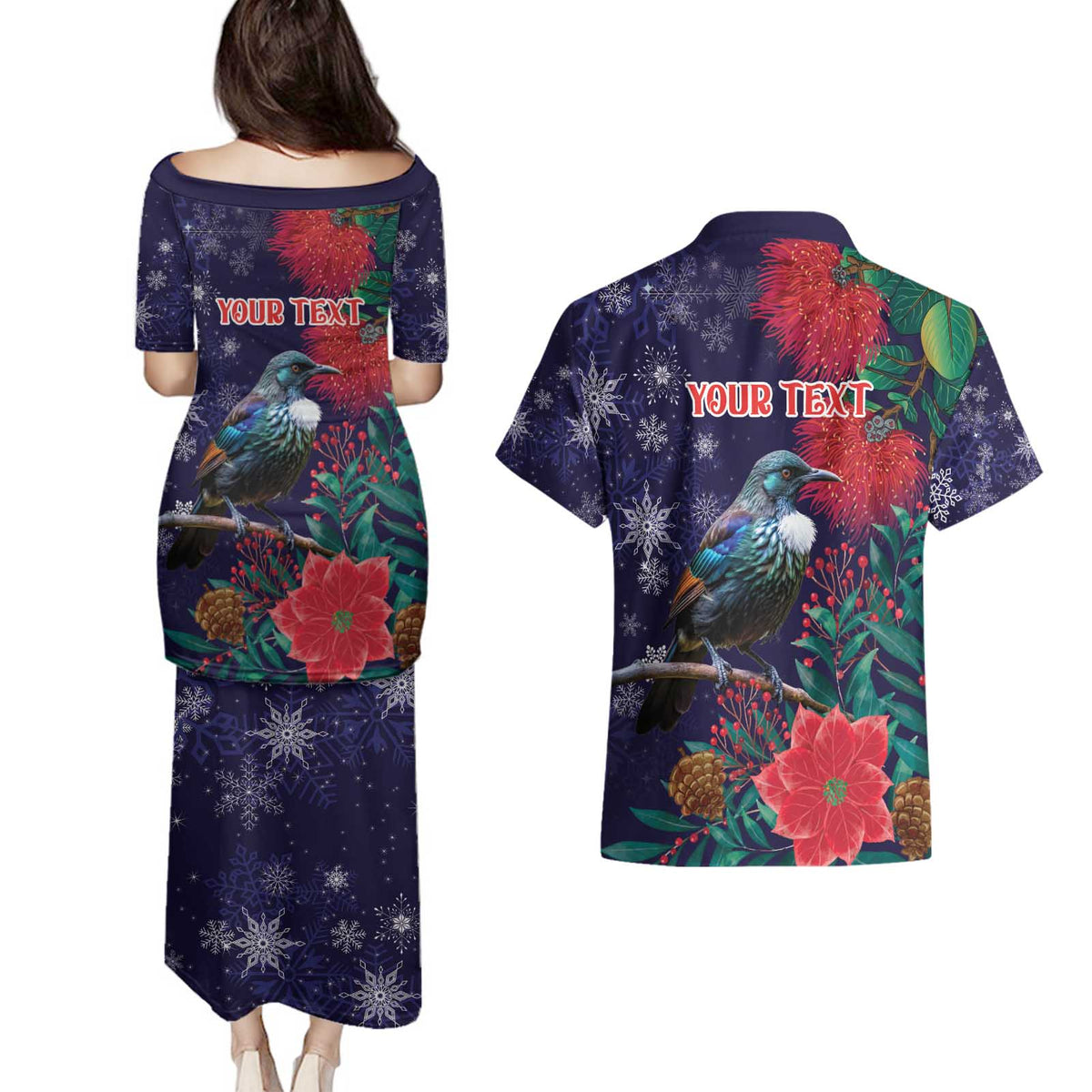 Tui Meri Kirihimete Personalised Couples Matching Puletasi and Hawaiian Shirt Pohutukawa Flowers Blue Motif - Polynesian Pride