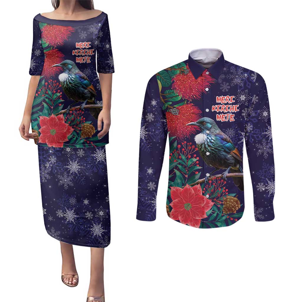 Tui Meri Kirihimete Personalised Couples Matching Puletasi and Long Sleeve Button Shirt Pohutukawa Flowers Blue Motif - Polynesian Pride