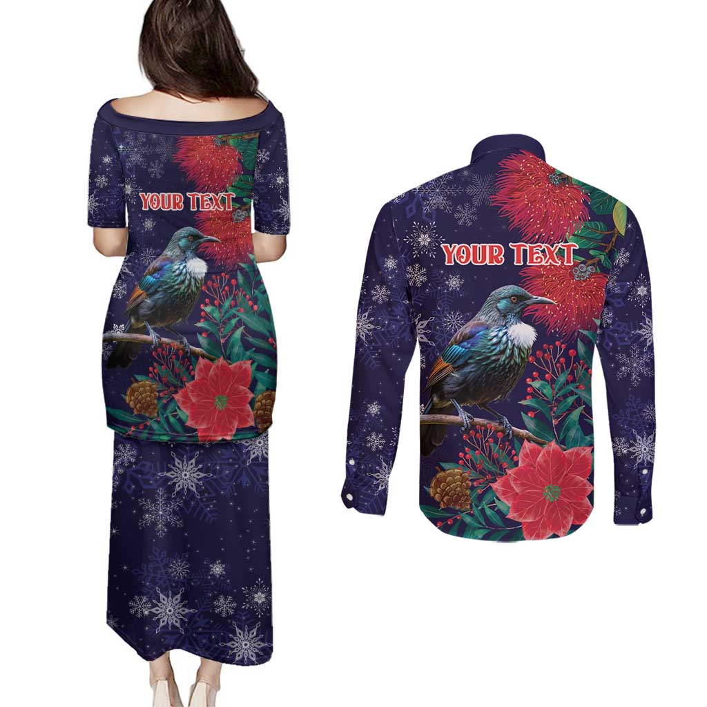 Tui Meri Kirihimete Personalised Couples Matching Puletasi and Long Sleeve Button Shirt Pohutukawa Flowers Blue Motif - Polynesian Pride