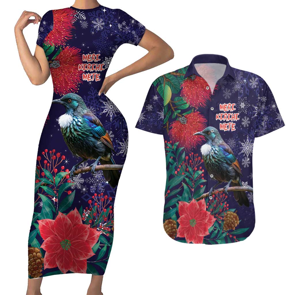 Tui Meri Kirihimete Personalised Couples Matching Short Sleeve Bodycon Dress and Hawaiian Shirt Pohutukawa Flowers Blue Motif - Polynesian Pride