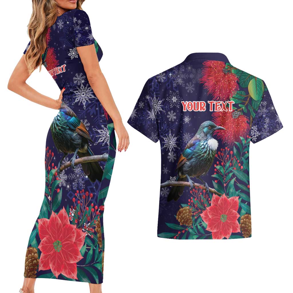 Tui Meri Kirihimete Personalised Couples Matching Short Sleeve Bodycon Dress and Hawaiian Shirt Pohutukawa Flowers Blue Motif - Polynesian Pride