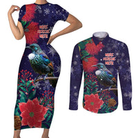 Tui Meri Kirihimete Personalised Couples Matching Short Sleeve Bodycon Dress and Long Sleeve Button Shirt Pohutukawa Flowers Blue Motif - Polynesian Pride