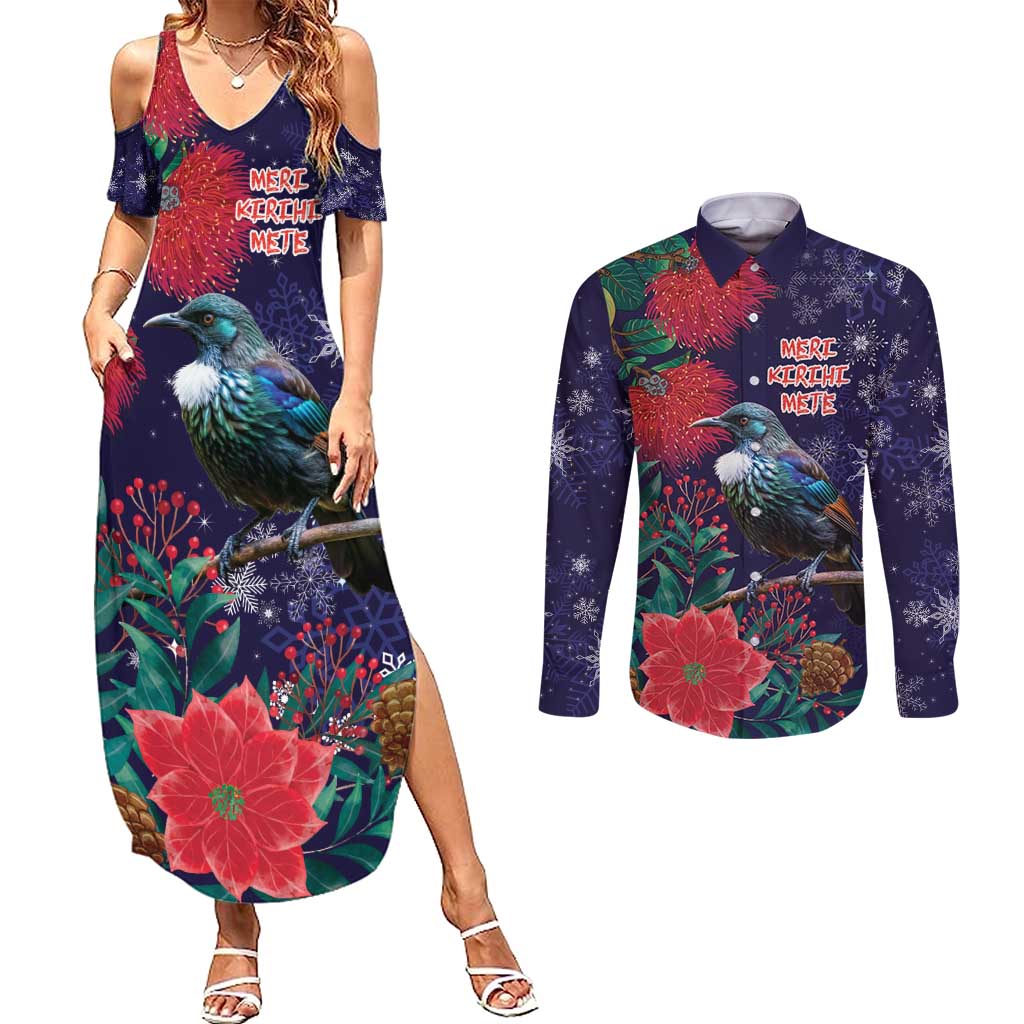 Tui Meri Kirihimete Personalised Couples Matching Summer Maxi Dress and Long Sleeve Button Shirt Pohutukawa Flowers Blue Motif - Polynesian Pride