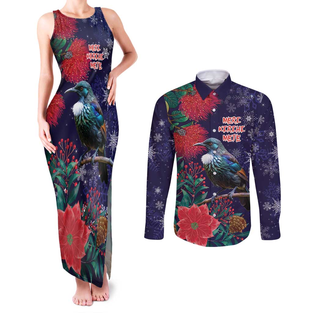 Tui Meri Kirihimete Personalised Couples Matching Tank Maxi Dress and Long Sleeve Button Shirt Pohutukawa Flowers Blue Motif - Polynesian Pride