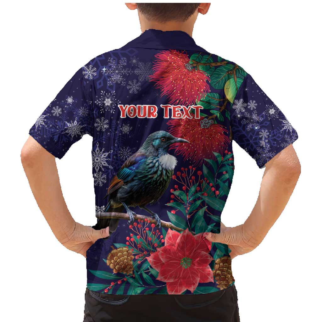 Tui Meri Kirihimete Personalised Family Matching Mermaid Dress and Hawaiian Shirt Pohutukawa Flowers Blue Motif - Polynesian Pride