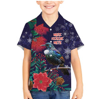 Tui Meri Kirihimete Personalised Family Matching Mermaid Dress and Hawaiian Shirt Pohutukawa Flowers Blue Motif - Polynesian Pride