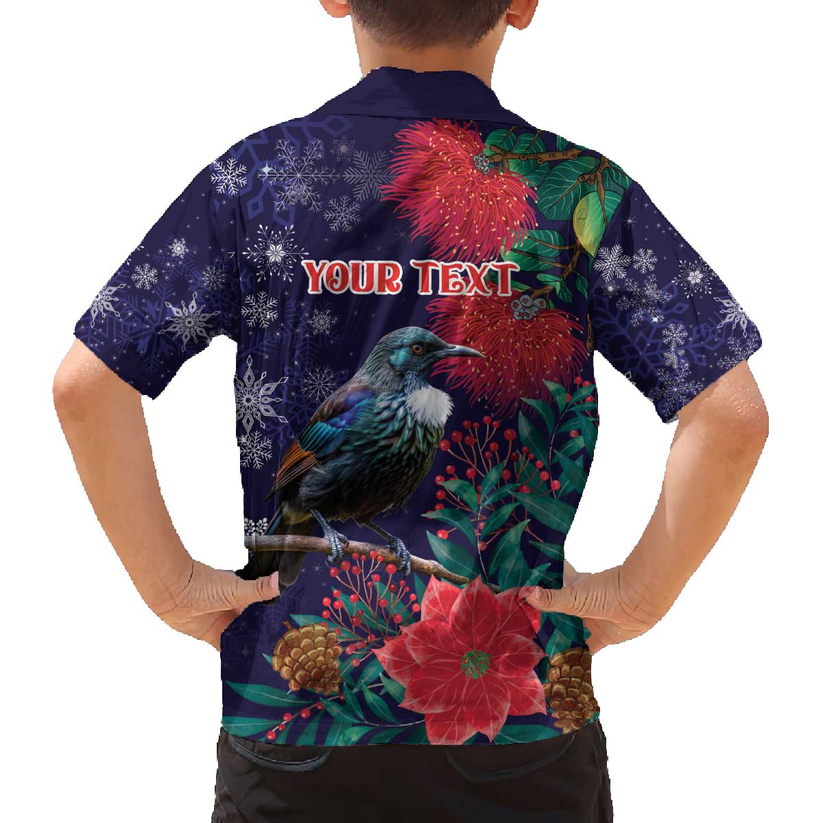 Tui Meri Kirihimete Personalised Family Matching Off The Shoulder Long Sleeve Dress and Hawaiian Shirt Pohutukawa Flowers Blue Motif - Polynesian Pride