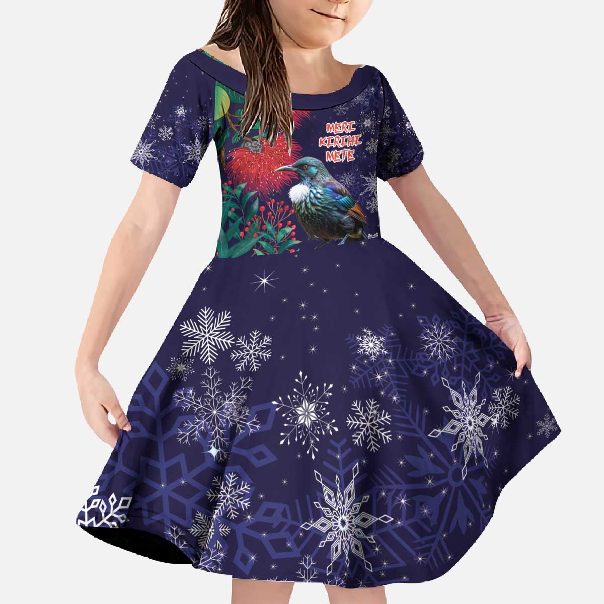 Tui Meri Kirihimete Personalised Family Matching Off The Shoulder Long Sleeve Dress and Hawaiian Shirt Pohutukawa Flowers Blue Motif - Polynesian Pride