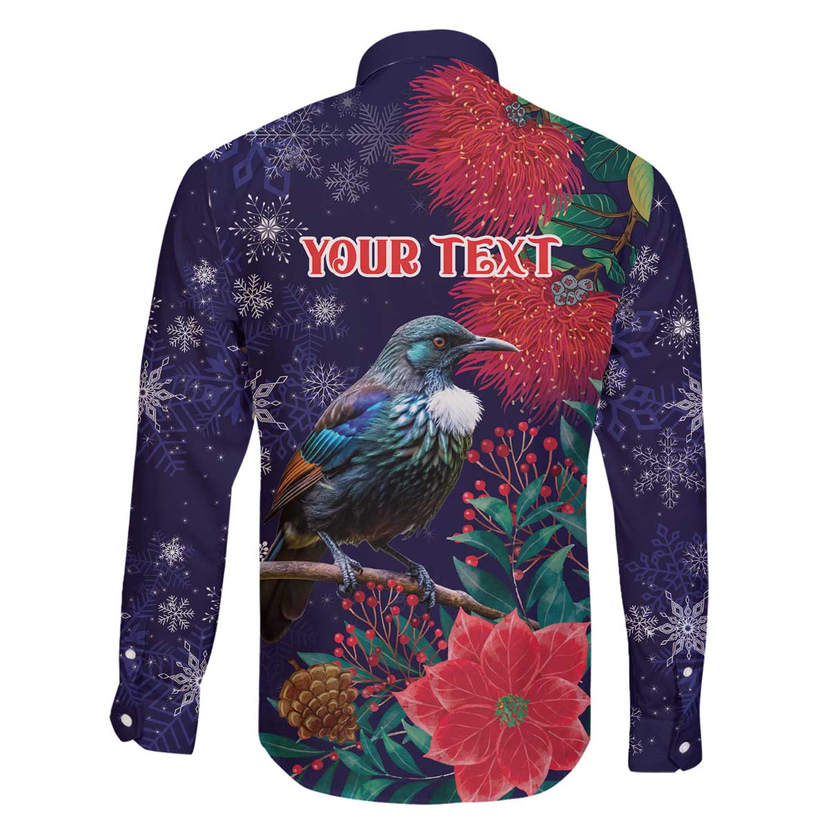 Tui Meri Kirihimete Personalised Family Matching Off The Shoulder Long Sleeve Dress and Hawaiian Shirt Pohutukawa Flowers Blue Motif - Polynesian Pride