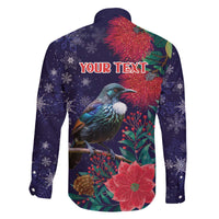 Tui Meri Kirihimete Personalised Family Matching Off The Shoulder Long Sleeve Dress and Hawaiian Shirt Pohutukawa Flowers Blue Motif - Polynesian Pride