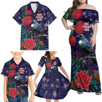 Tui Meri Kirihimete Personalised Family Matching Off Shoulder Maxi Dress and Hawaiian Shirt Pohutukawa Flowers Blue Motif - Polynesian Pride