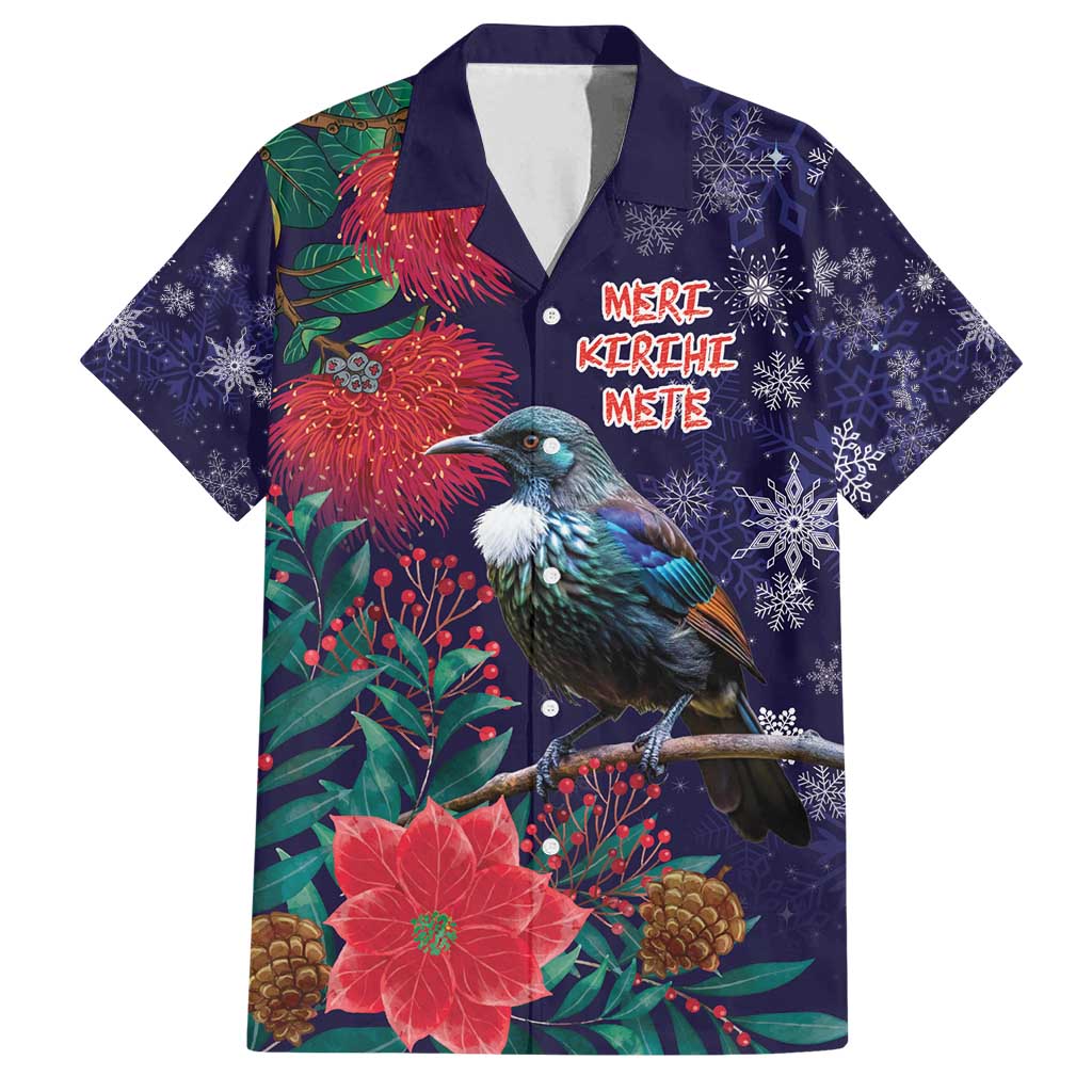 Tui Meri Kirihimete Personalised Family Matching Off Shoulder Maxi Dress and Hawaiian Shirt Pohutukawa Flowers Blue Motif - Polynesian Pride