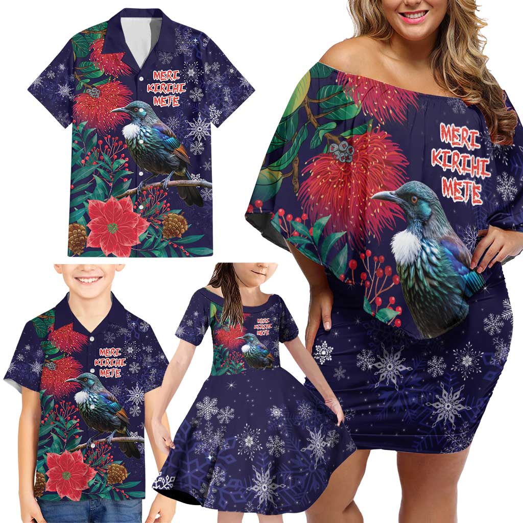 Tui Meri Kirihimete Personalised Family Matching Off Shoulder Short Dress and Hawaiian Shirt Pohutukawa Flowers Blue Motif - Polynesian Pride