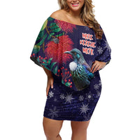 Tui Meri Kirihimete Personalised Family Matching Off Shoulder Short Dress and Hawaiian Shirt Pohutukawa Flowers Blue Motif - Polynesian Pride