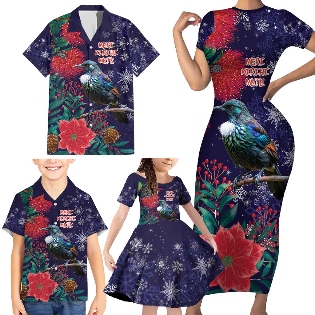 Tui Meri Kirihimete Personalised Family Matching Short Sleeve Bodycon Dress and Hawaiian Shirt Pohutukawa Flowers Blue Motif - Polynesian Pride