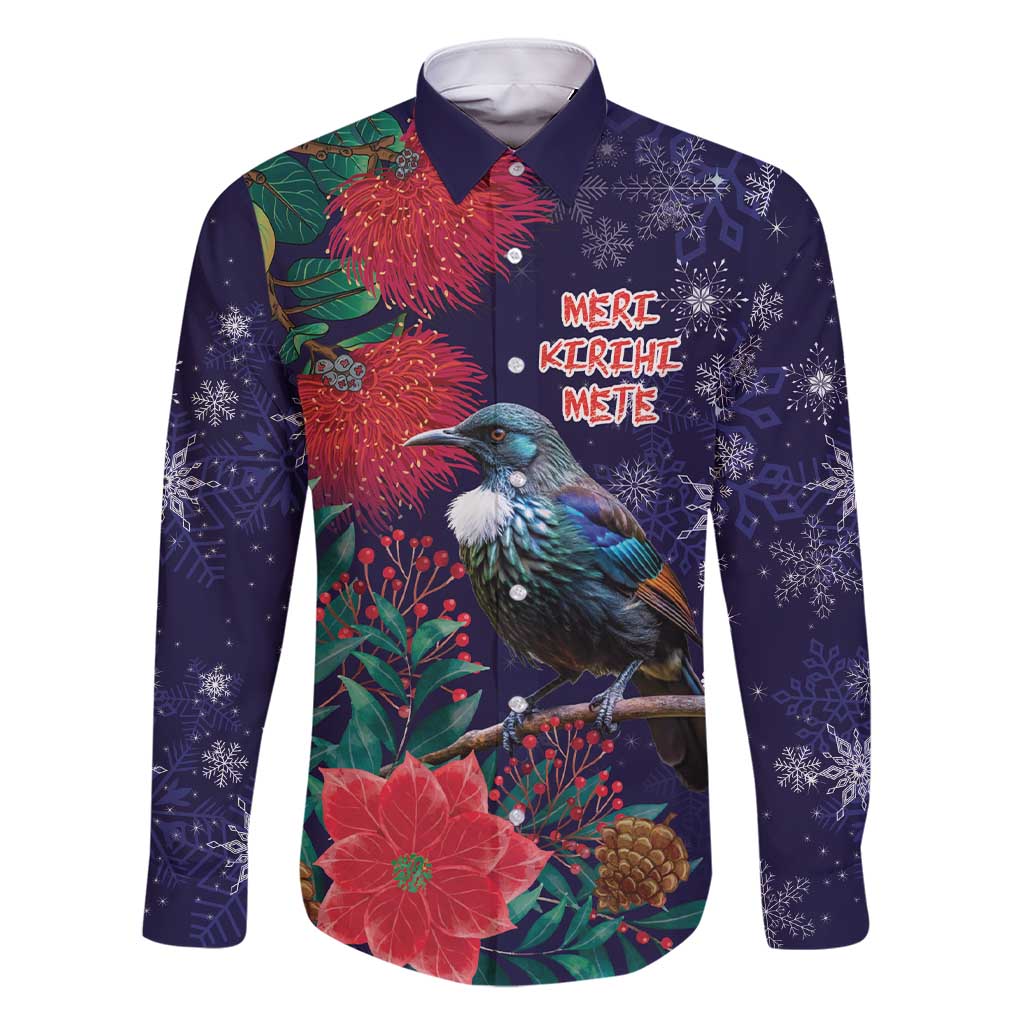 Tui Meri Kirihimete Personalised Family Matching Short Sleeve Bodycon Dress and Hawaiian Shirt Pohutukawa Flowers Blue Motif - Polynesian Pride