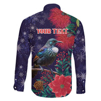 Tui Meri Kirihimete Personalised Family Matching Short Sleeve Bodycon Dress and Hawaiian Shirt Pohutukawa Flowers Blue Motif - Polynesian Pride