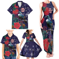 Tui Meri Kirihimete Personalised Family Matching Tank Maxi Dress and Hawaiian Shirt Pohutukawa Flowers Blue Motif - Polynesian Pride