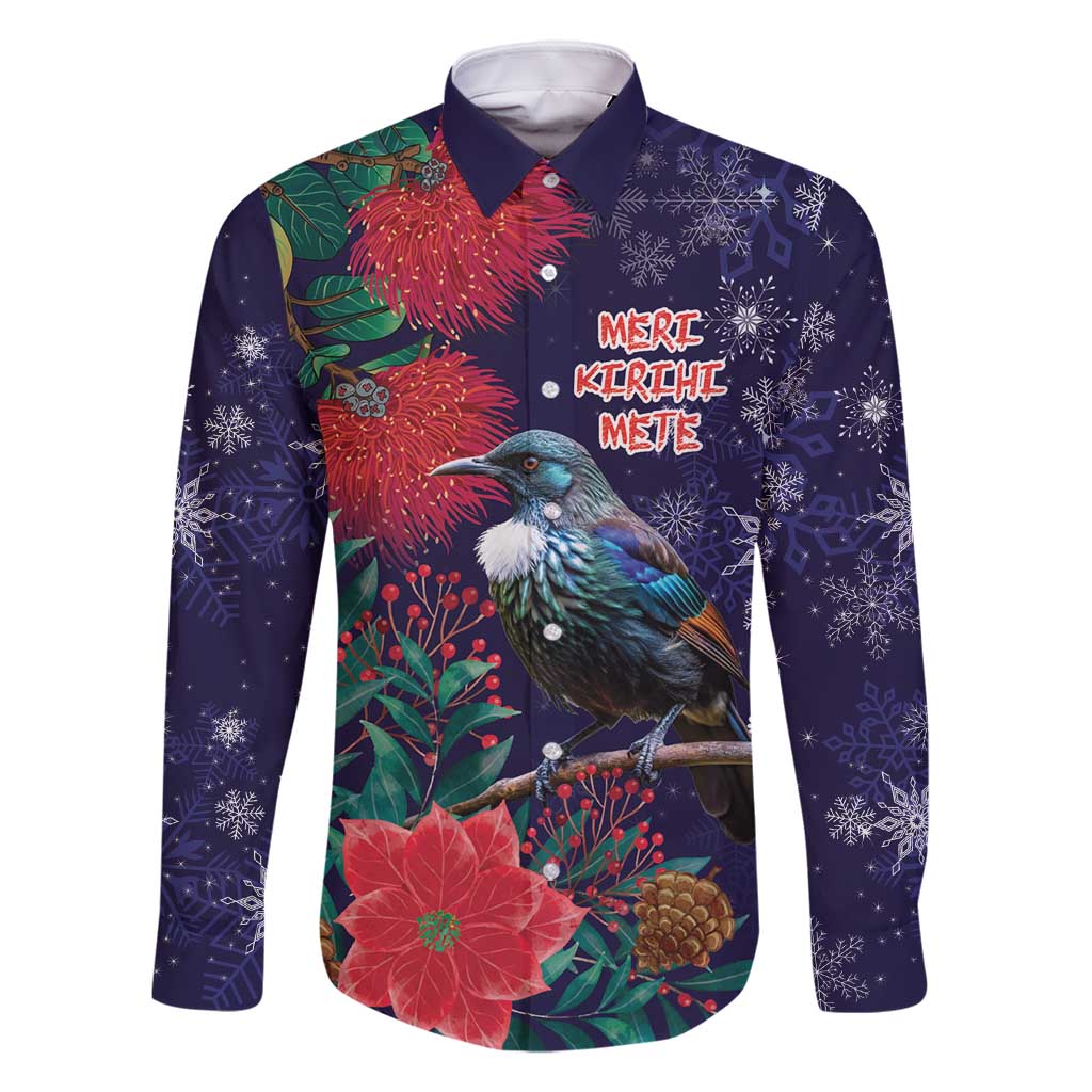 Tui Meri Kirihimete Personalised Family Matching Tank Maxi Dress and Hawaiian Shirt Pohutukawa Flowers Blue Motif - Polynesian Pride