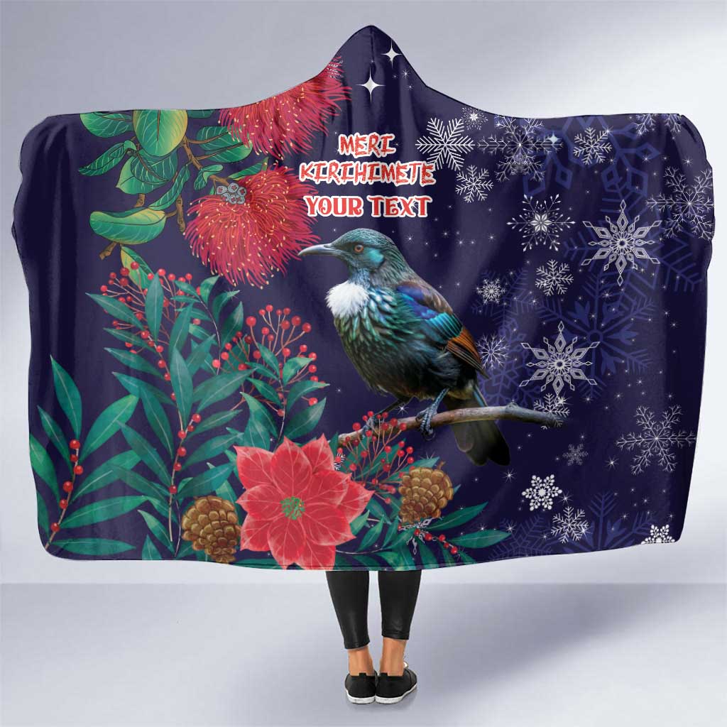 Tui Meri Kirihimete Personalised Hooded Blanket Pohutukawa Flowers Blue Motif - Polynesian Pride
