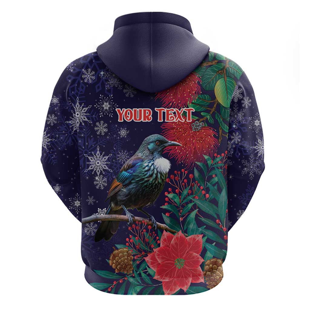 Tui Meri Kirihimete Personalised Hoodie Pohutukawa Flowers Blue Motif - Polynesian Pride