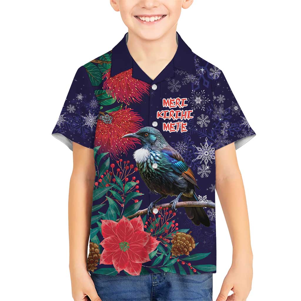 Tui Meri Kirihimete Personalised Kid Hawaiian Shirt Pohutukawa Flowers Blue Motif - Polynesian Pride