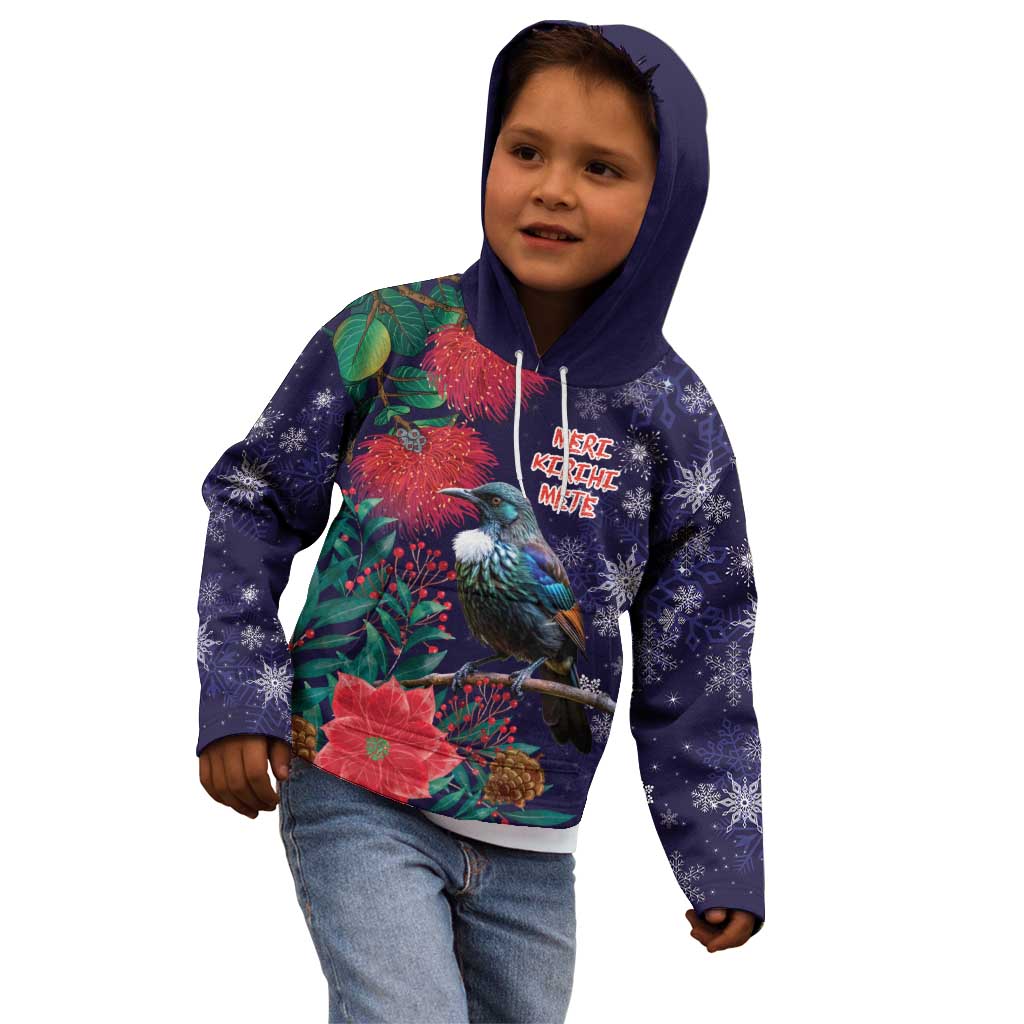 Tui Meri Kirihimete Personalised Kid Hoodie Pohutukawa Flowers Blue Motif - Polynesian Pride