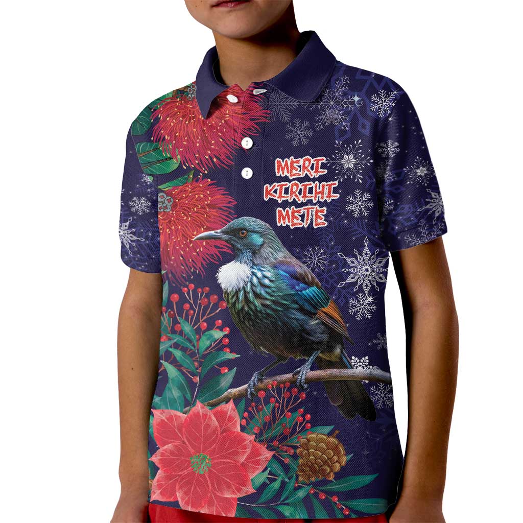 Tui Meri Kirihimete Personalised Kid Polo Shirt Pohutukawa Flowers Blue Motif - Polynesian Pride