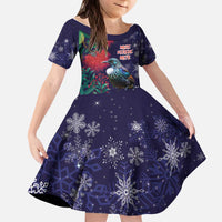 Tui Meri Kirihimete Personalised Kid Short Sleeve Dress Pohutukawa Flowers Blue Motif - Polynesian Pride