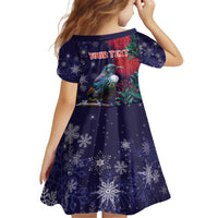 Tui Meri Kirihimete Personalised Kid Short Sleeve Dress Pohutukawa Flowers Blue Motif - Polynesian Pride