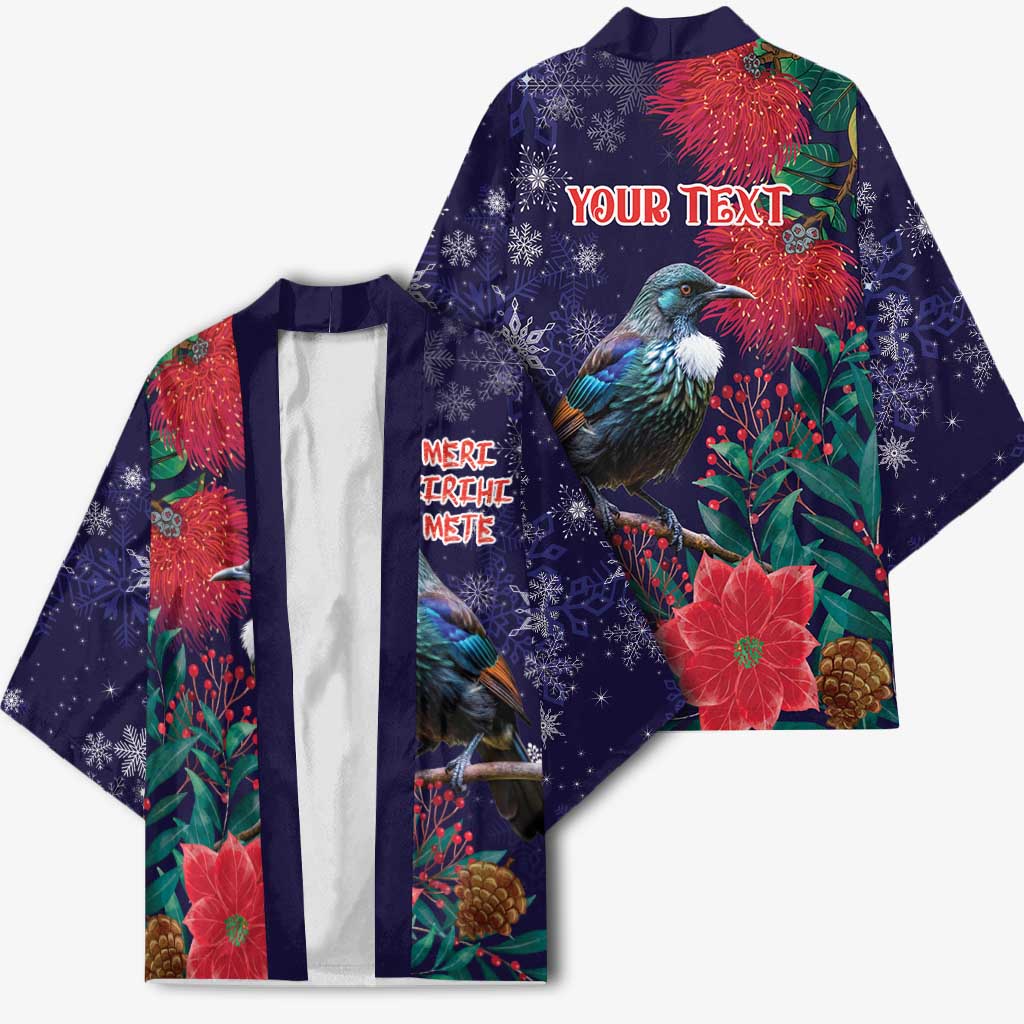 Tui Meri Kirihimete Personalised Kimono Pohutukawa Flowers Blue Motif - Polynesian Pride