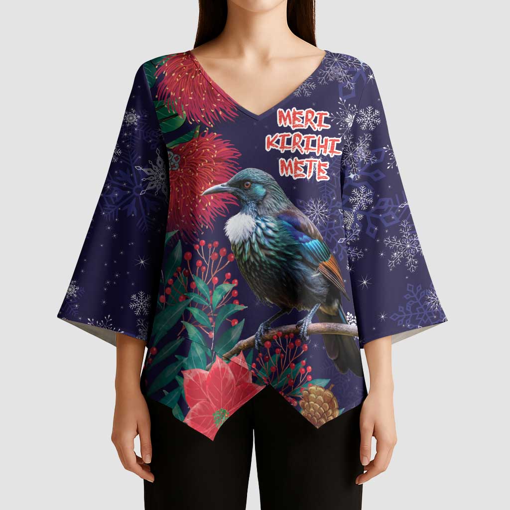 Tui Meri Kirihimete Personalised Kimono Sleeve Blouse Pohutukawa Flowers Blue Motif - Polynesian Pride