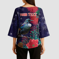 Tui Meri Kirihimete Personalised Kimono Sleeve Blouse Pohutukawa Flowers Blue Motif - Polynesian Pride