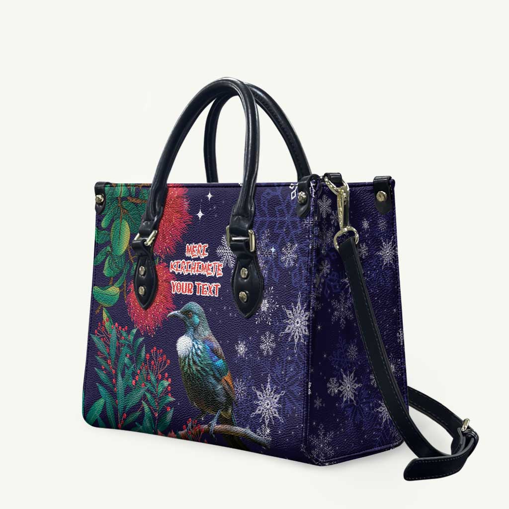 Tui Meri Kirihimete Personalised Leather Bag Pohutukawa Flowers Blue Motif - Polynesian Pride