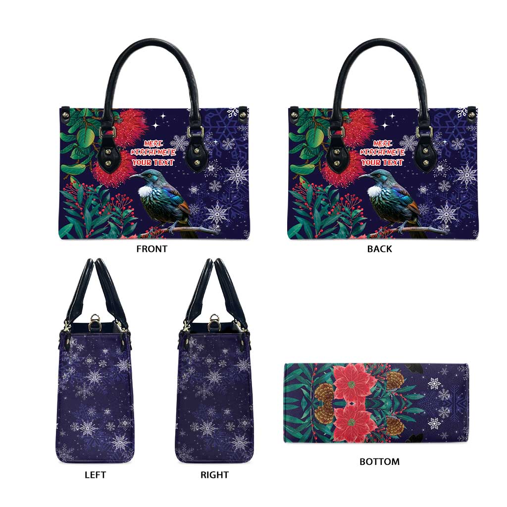 Tui Meri Kirihimete Personalised Leather Bag Pohutukawa Flowers Blue Motif - Polynesian Pride